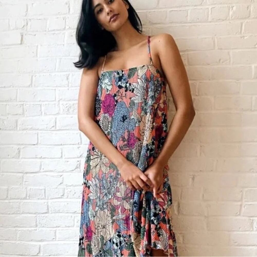 Anthropologie Women's Deva Plisse Colorful Midi Slip Dress Size XSP